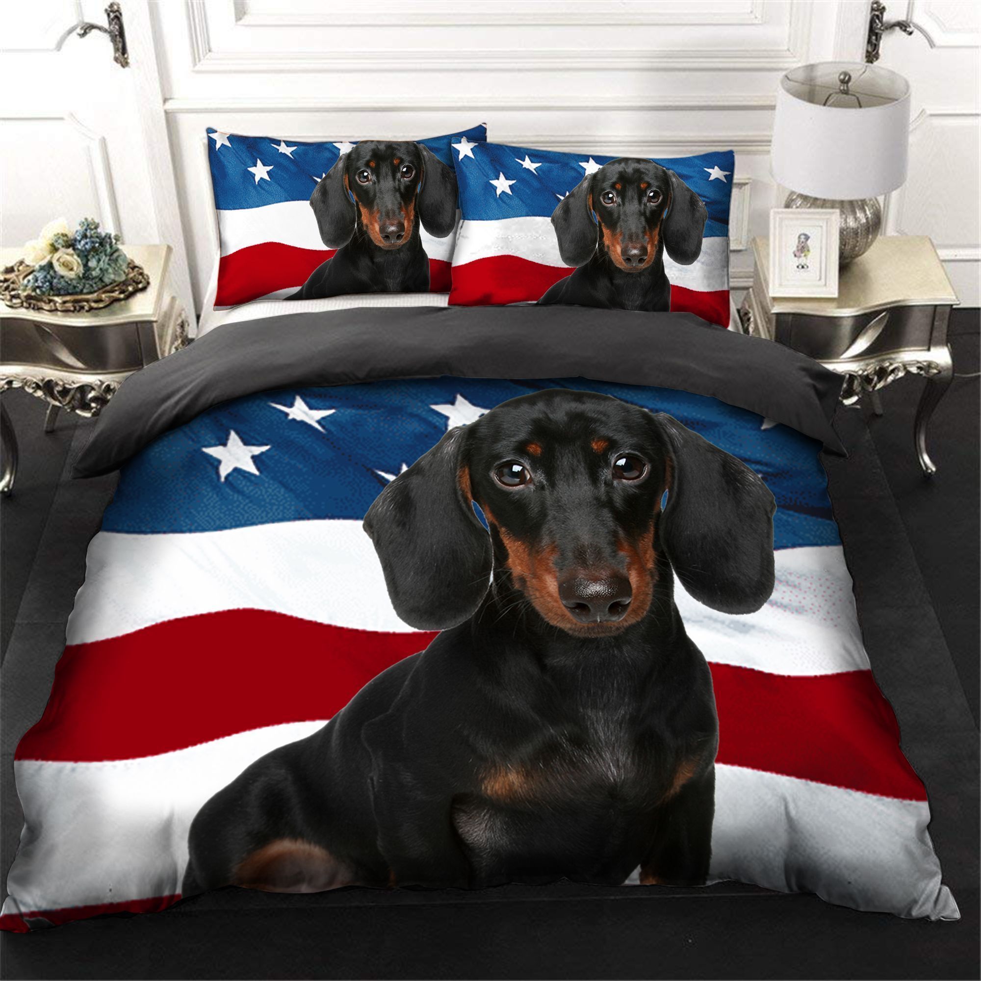 Dachshund Us Flag Bedding Set