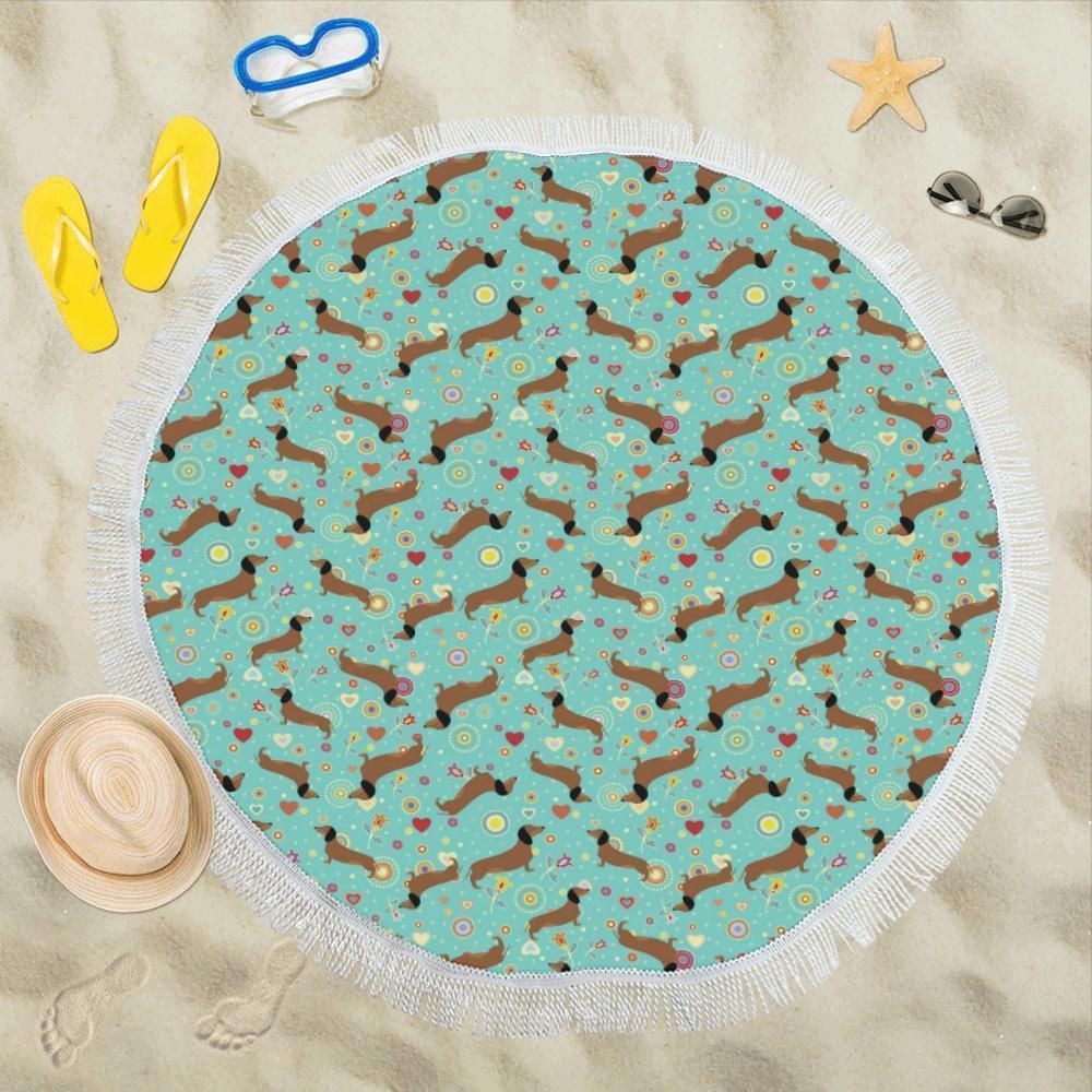 Dachshund With Floral Print Pattern Round Beach Towel