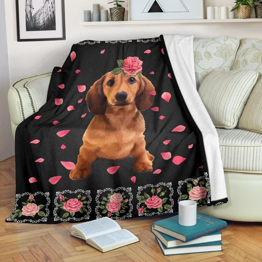 Dachshund With Roses Sherpa Fleece Blanket