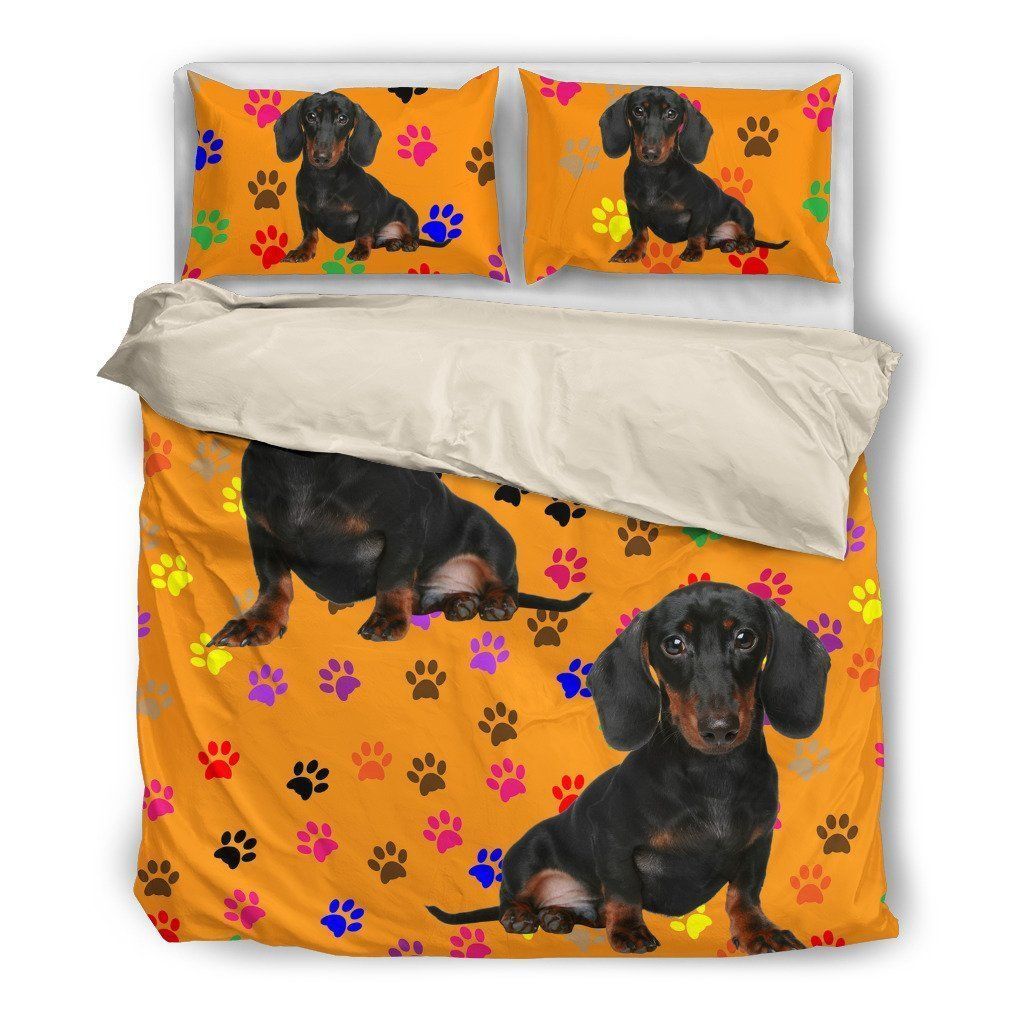 Dachshunds And Colorful Paws Orange Bedding Set