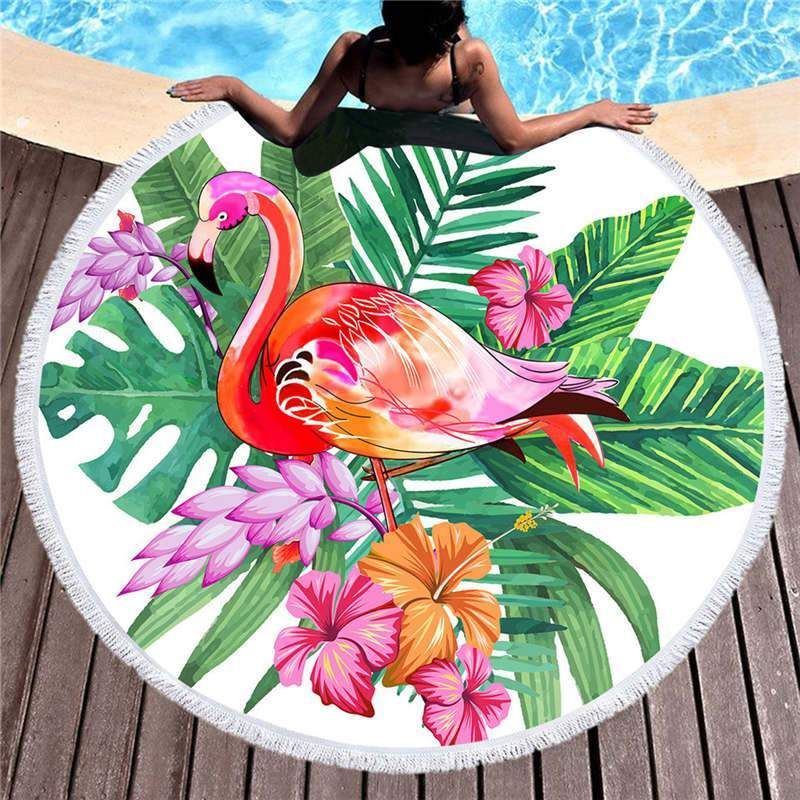 Daffodil And Tropical Flamingo Printed Round Beach Towel