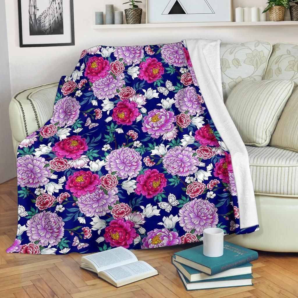 Dahlia Pattern Print Design Blue Fleece Blanket