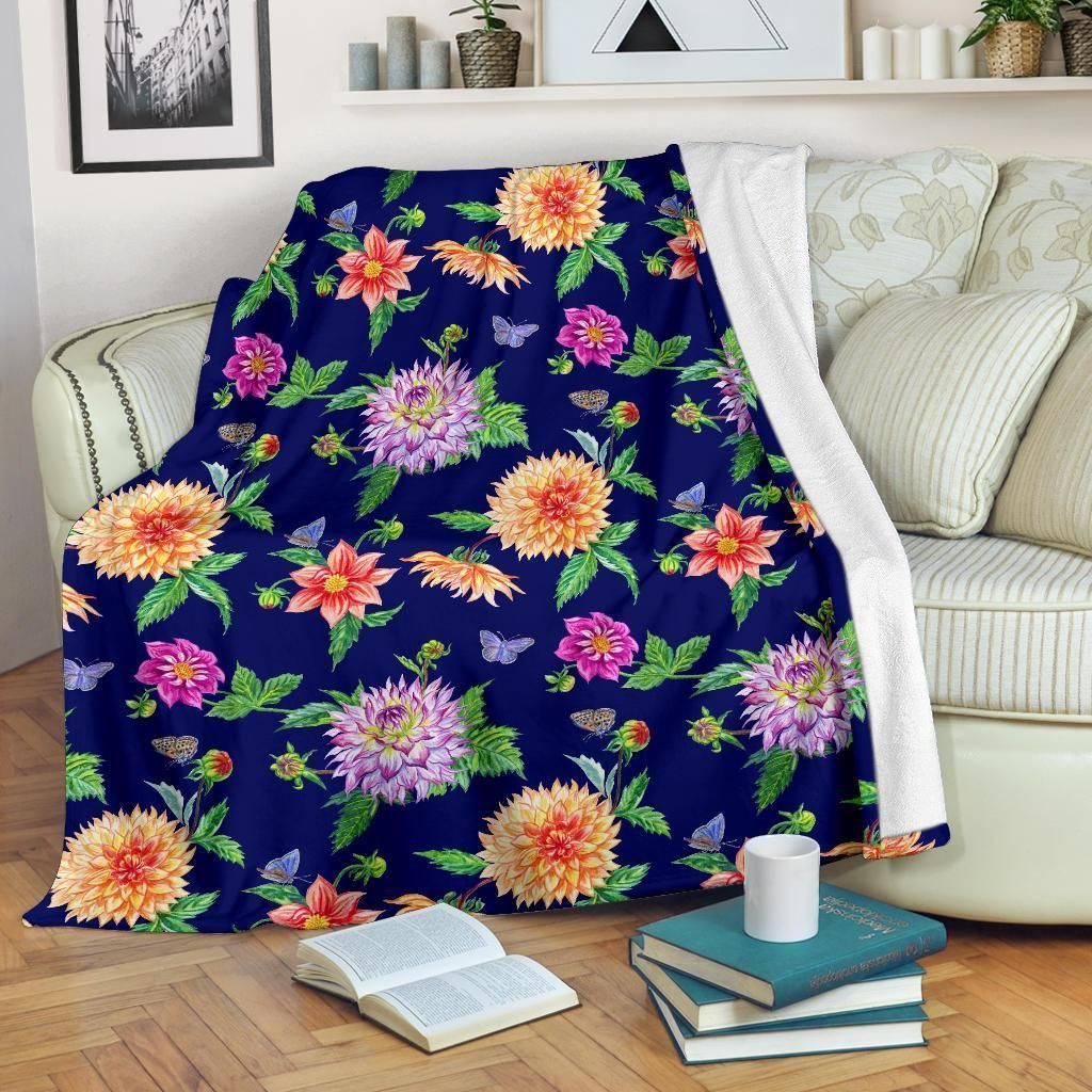 Dahlia Pattern Print Design Dark Blue Fleece Blanket