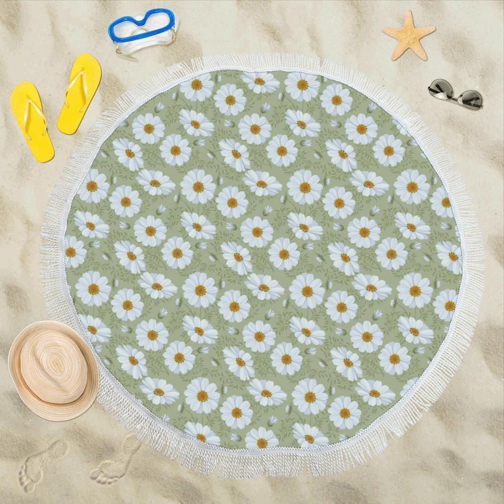 Daisy Yellow Print Pattern Round Beach Towel