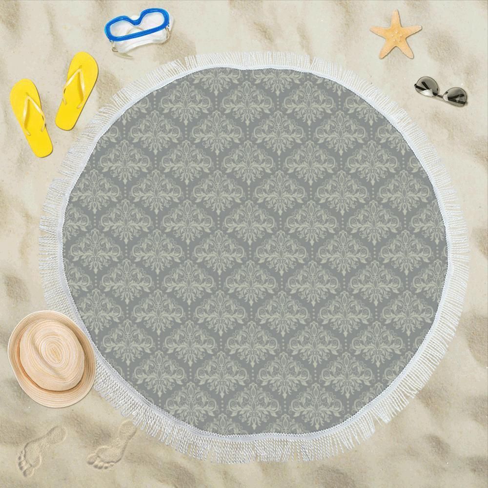 Damask Grey Elegant Print Pattern Round Beach Towel