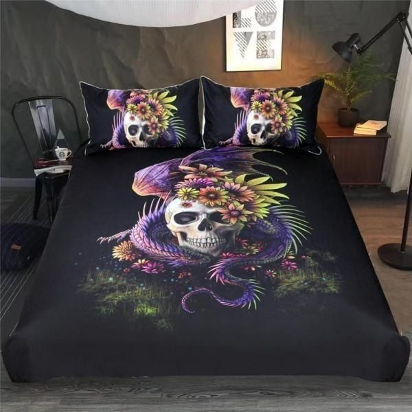 Dangerous Monster Purple Floral Skull  Bedding Set