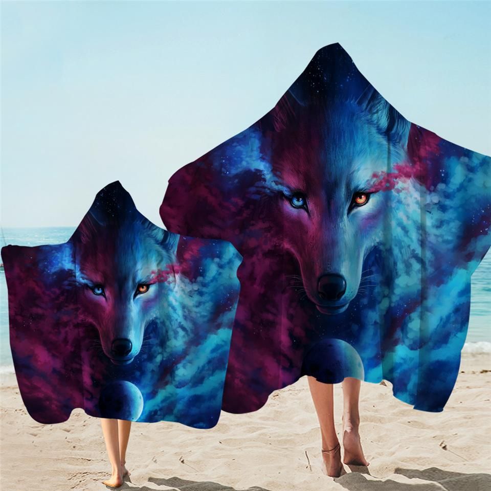 Dark Blue And Purple Nebula Wolf Printed Hooded Towel