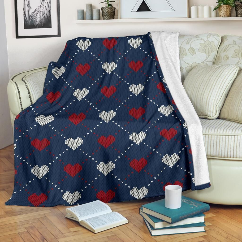 Dark Blue Heart Knit Pattern Print Design Fleece Blanket