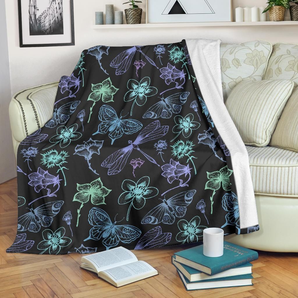 Dark Butterfly Dragonfly In Black Printed Fleece Blanket