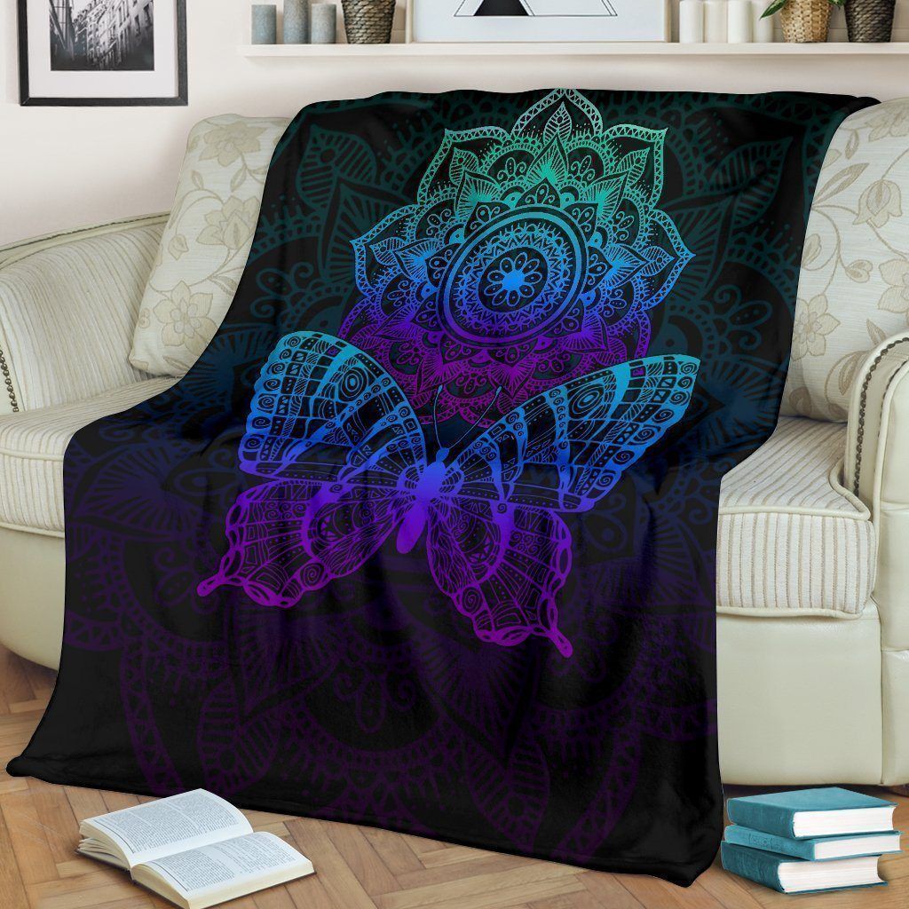 Dark Color Mandala Butterfly Printed Fleece Blanket