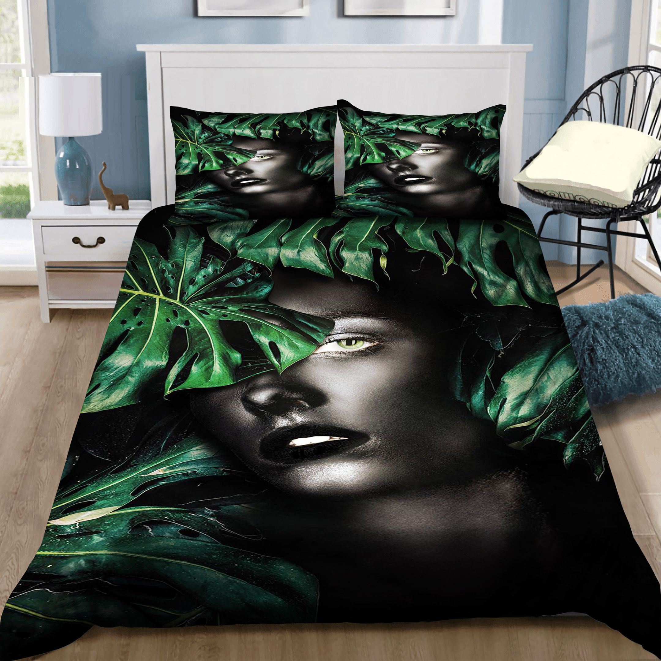 Dark Monstera Black Woman Bedding Set