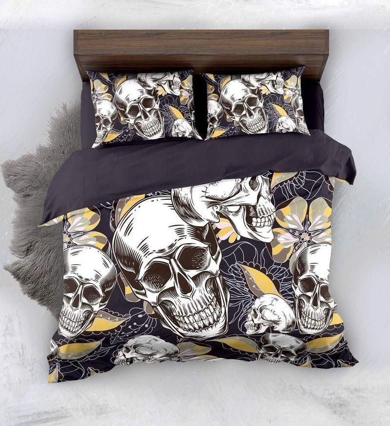 Dark Skull Yellow Leave Printed Bedding Set
