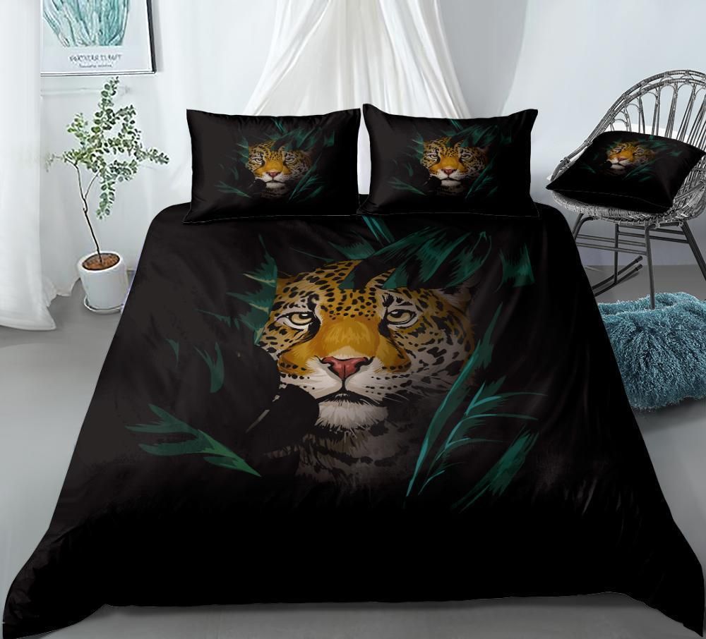 Dark Tiger Behind Leaves Bedding Set