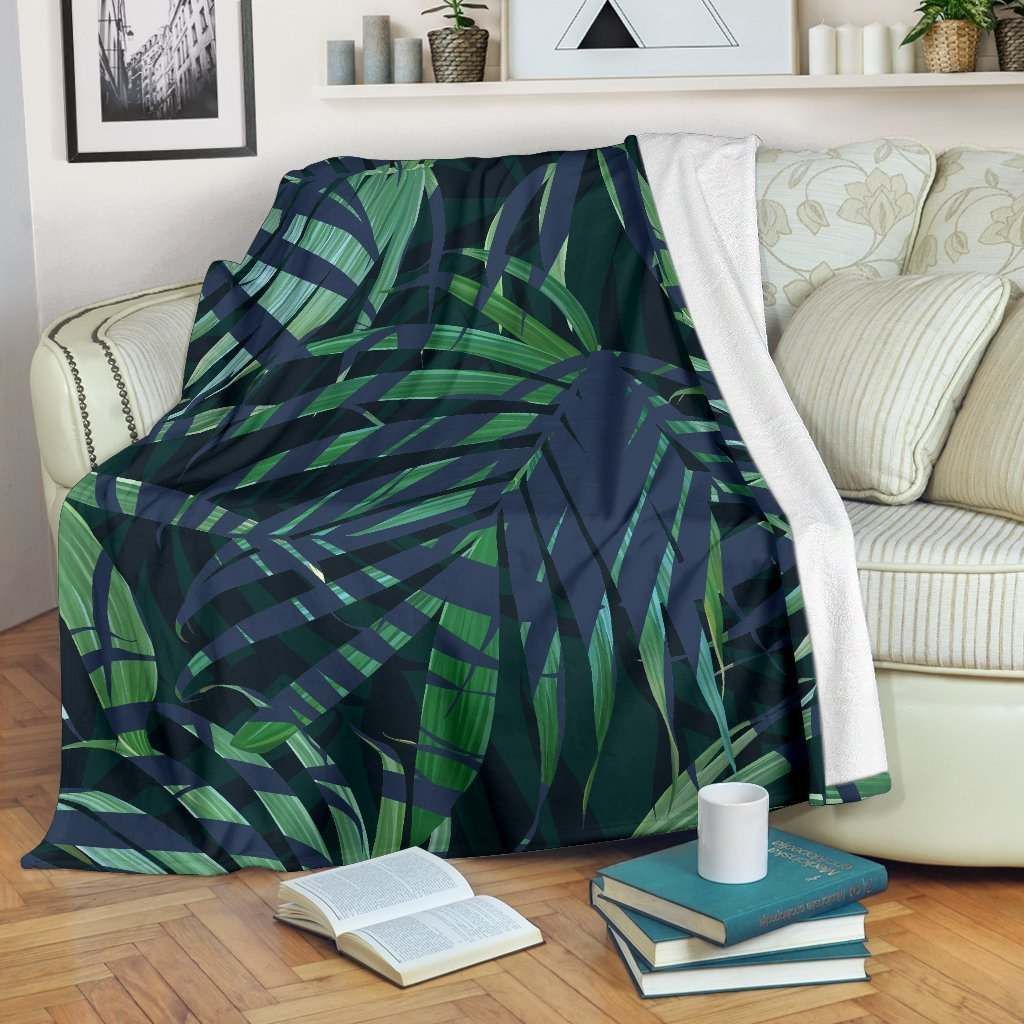 Dark Tropical Palm Leaves Sherpa Fleece Blanket