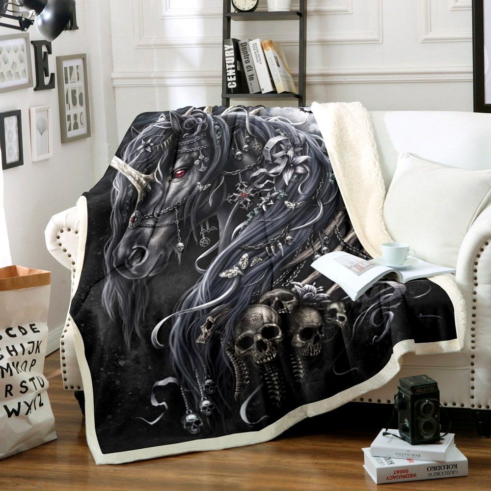 Dark Unicorn And Skull Sherpa Fleece Blanket