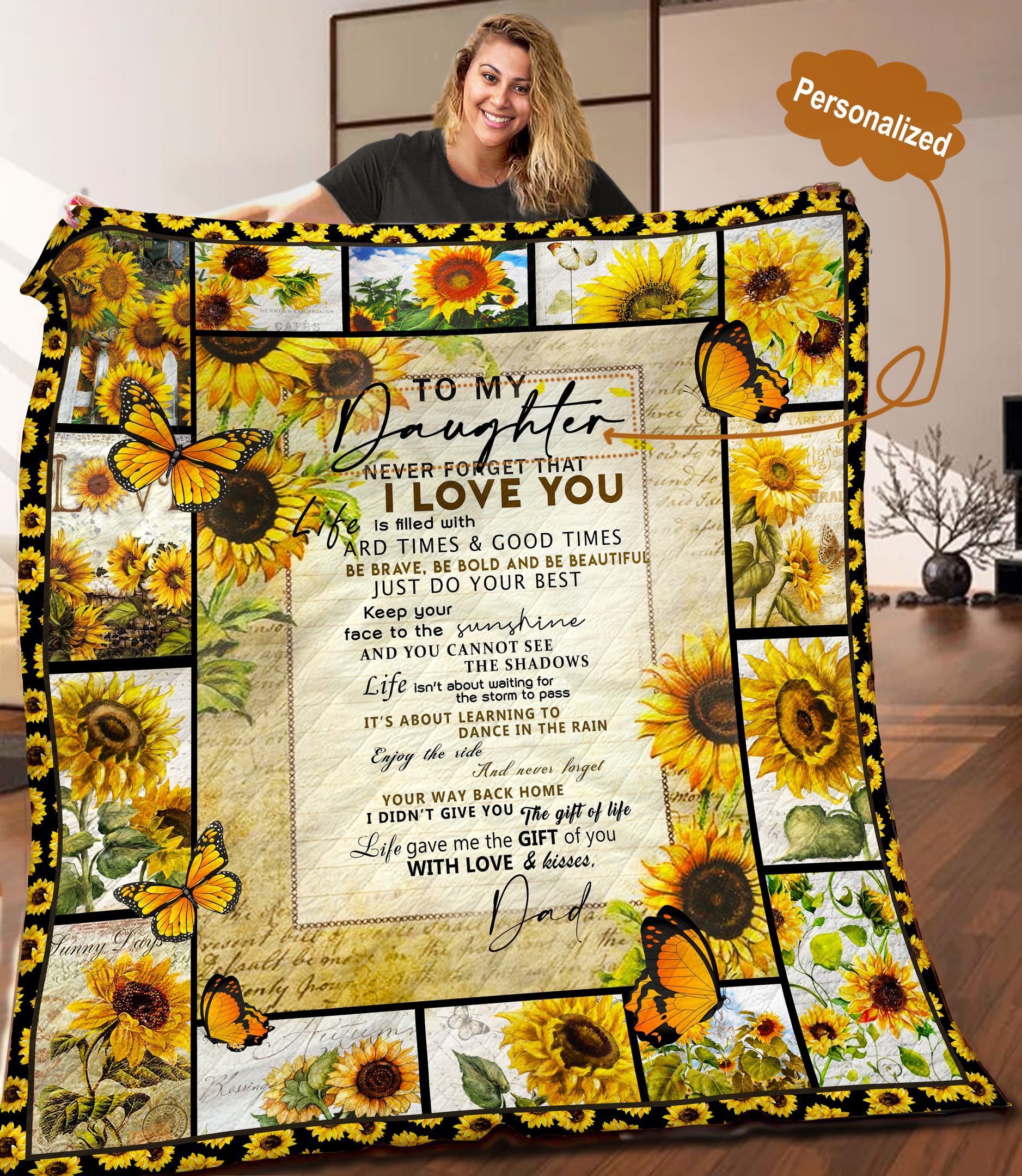 Daughter Sunflower Personalized Quilt Blanket C9B300501MI