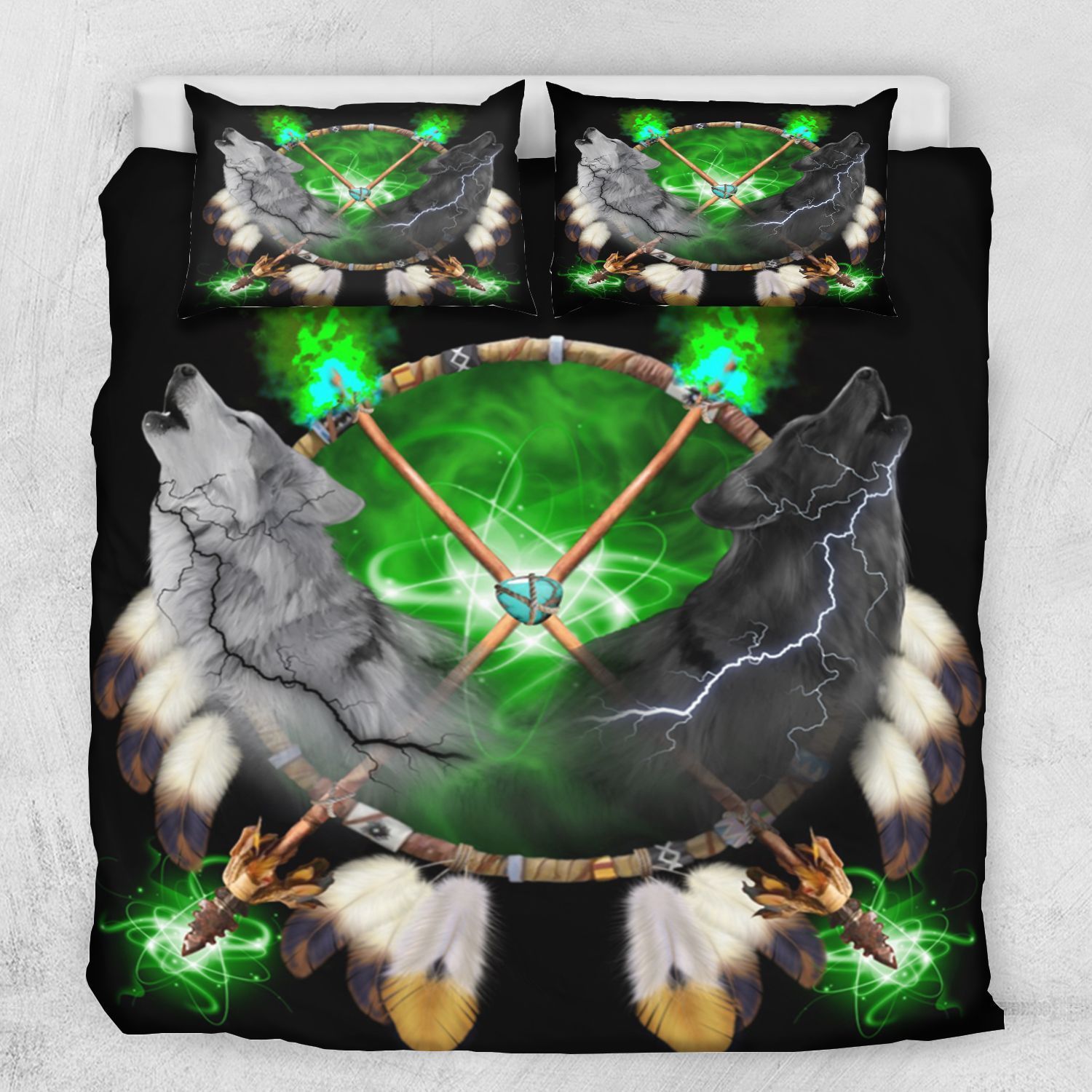 Day And Night Lightning Dreamcatcher Wolf Bedding Set