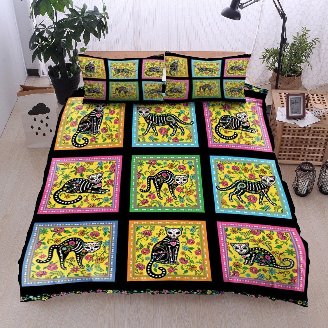 Day Of Dead Black Cat Cartoon Bedding Set
