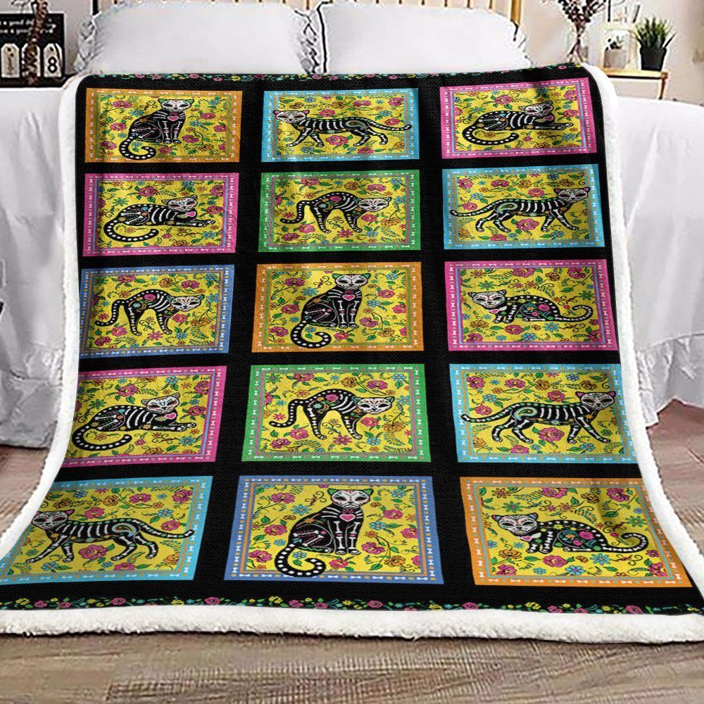 Day Of Dead Black Cat Sherpa Fleece Blanket