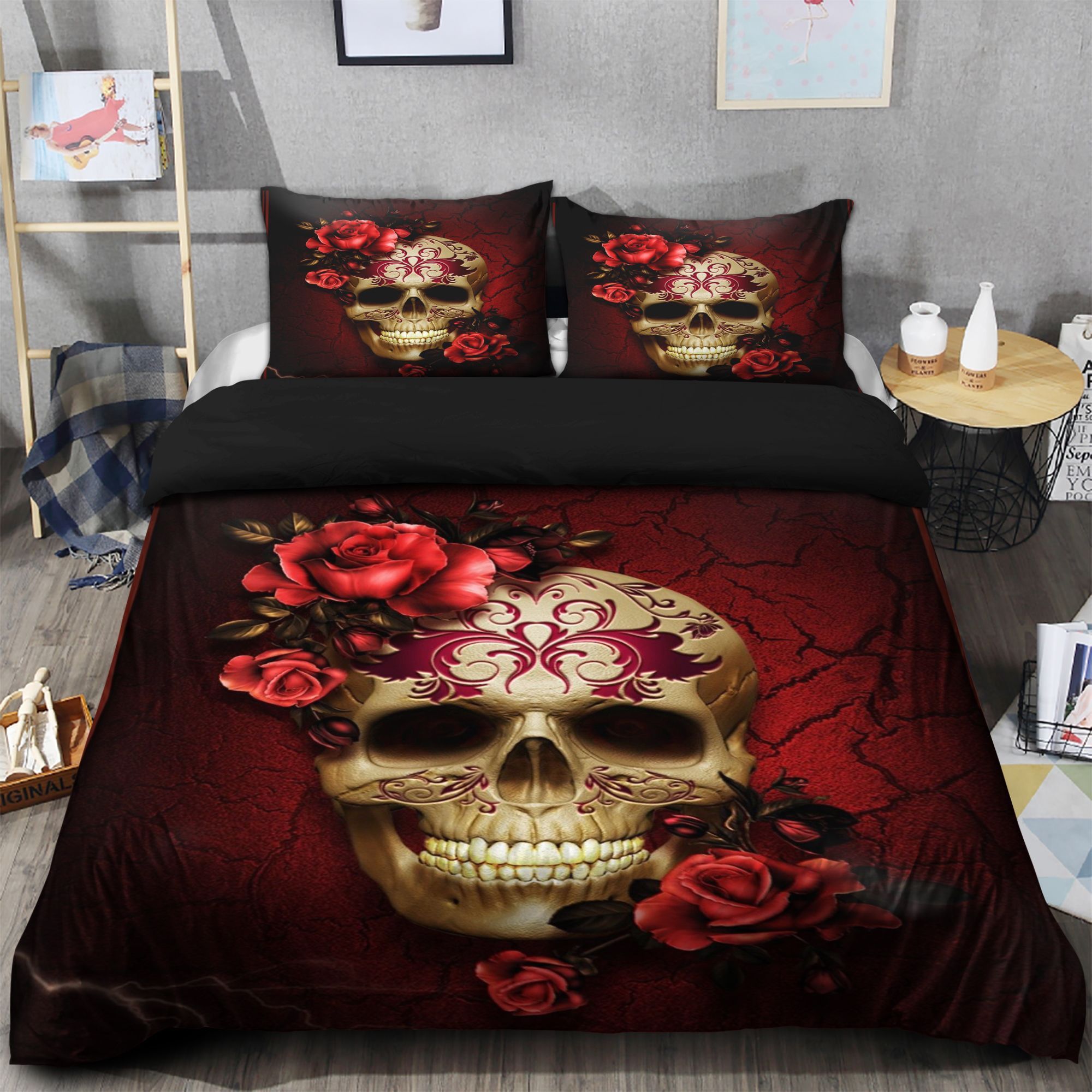 Day Of The Dead Break Skull Rose Bedding Set