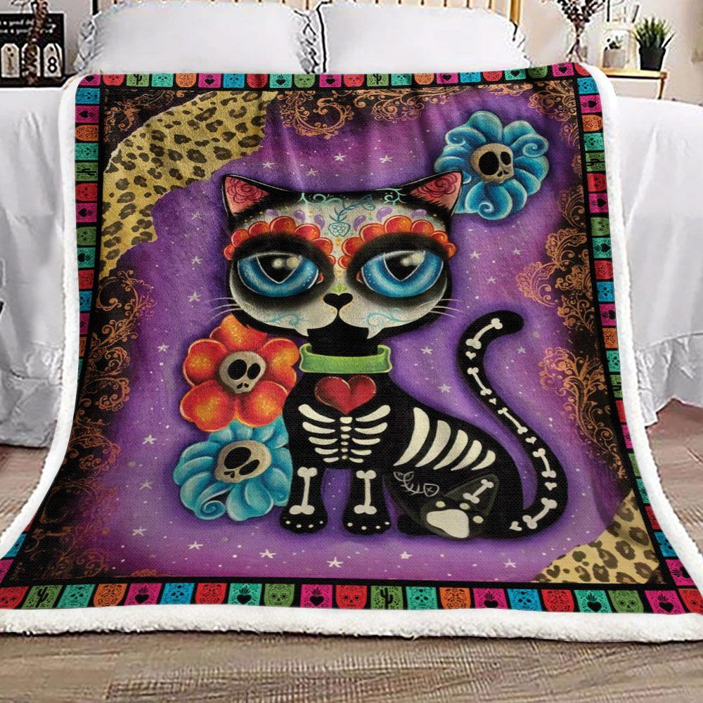 Day Of The Dead Cat Sherpa Fleece Blanket