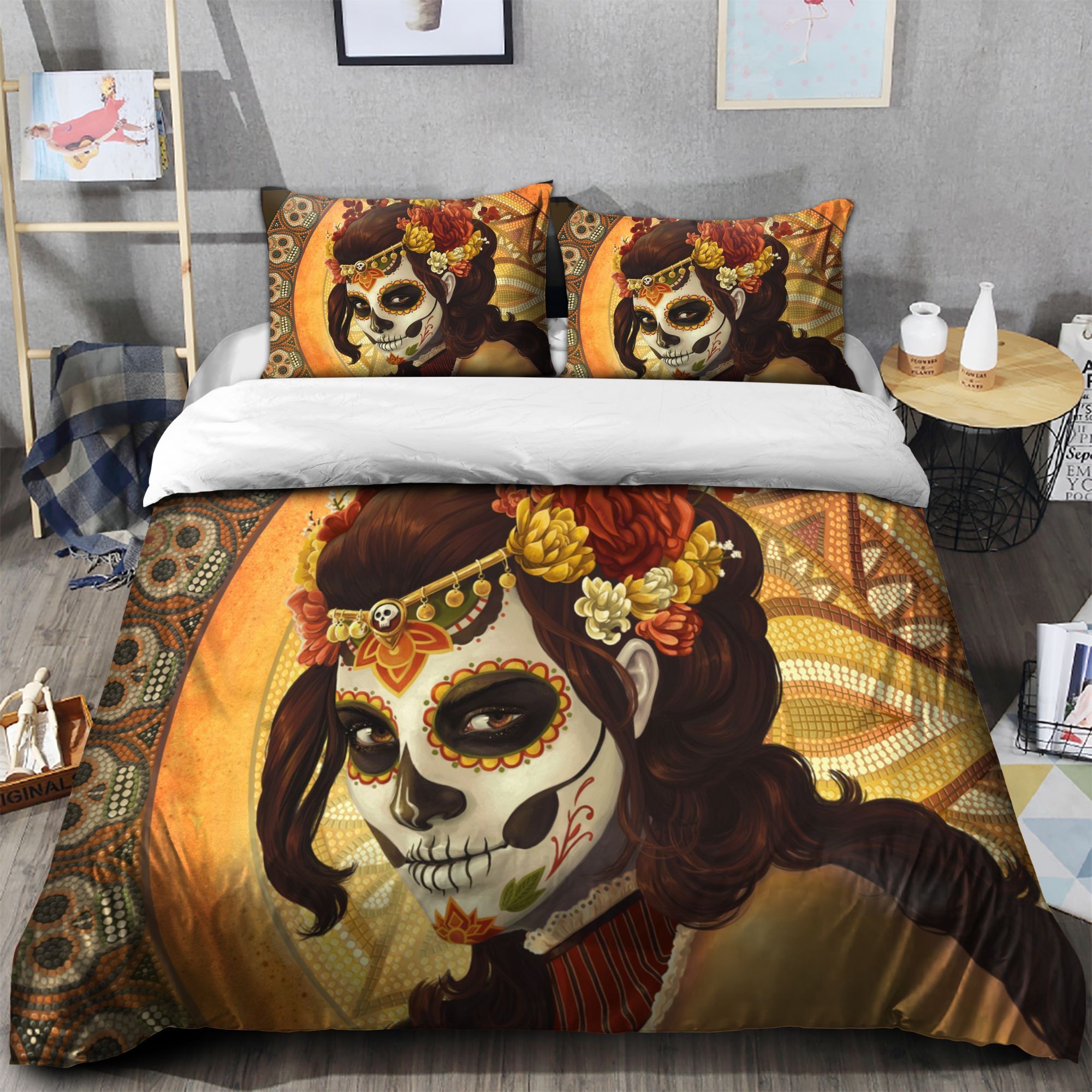 Day Of The Dead Girl And Golden Skull Bedding Set