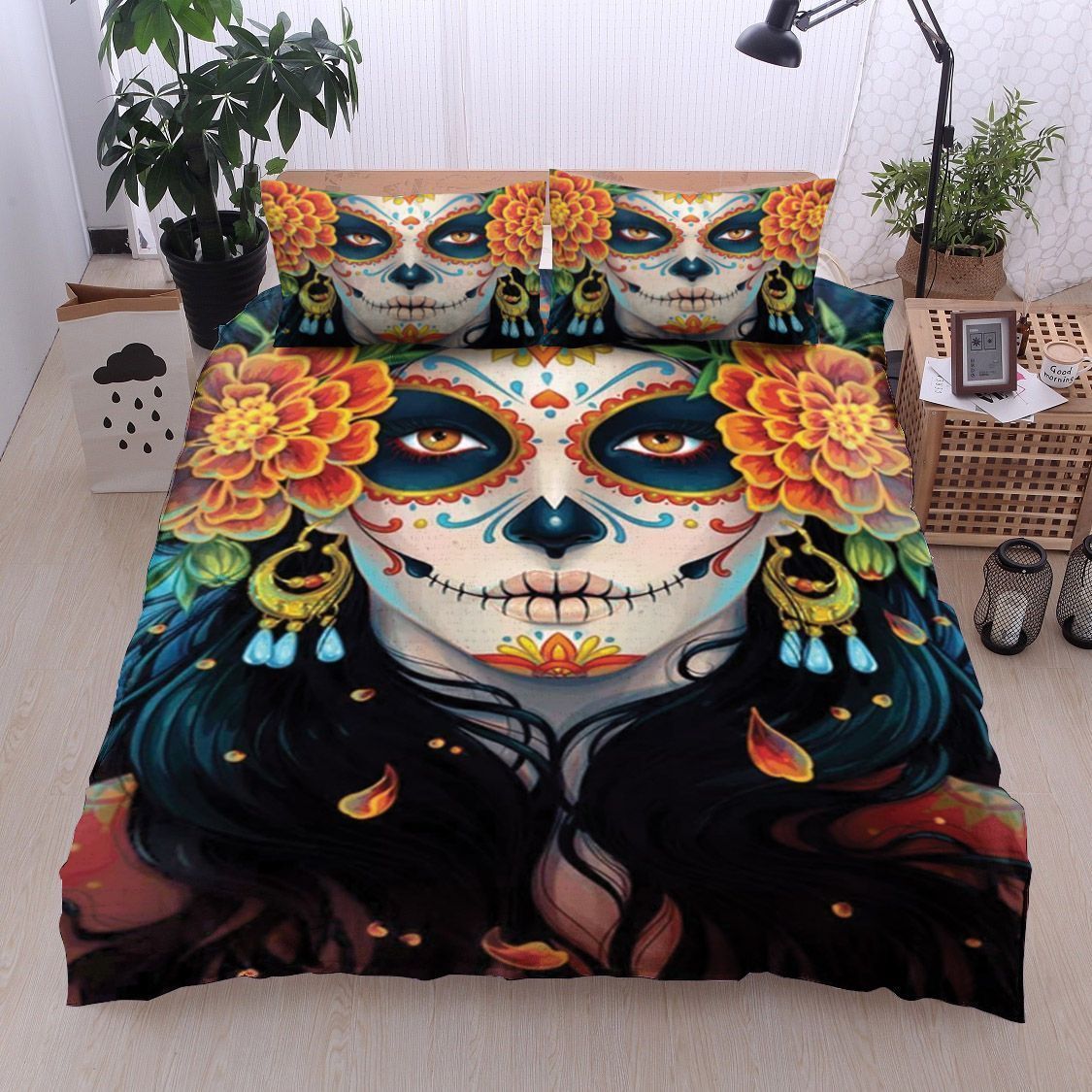 Day Of The Dead Girl Skull With Flowers Bedding Set