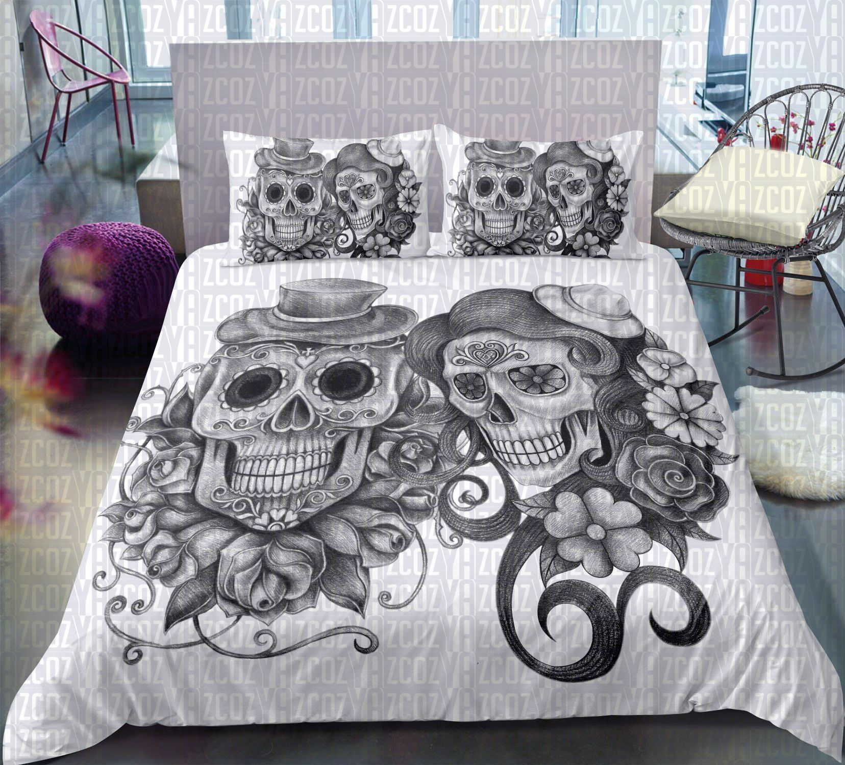 Day Of The Dead Gray Couple Bedding Set