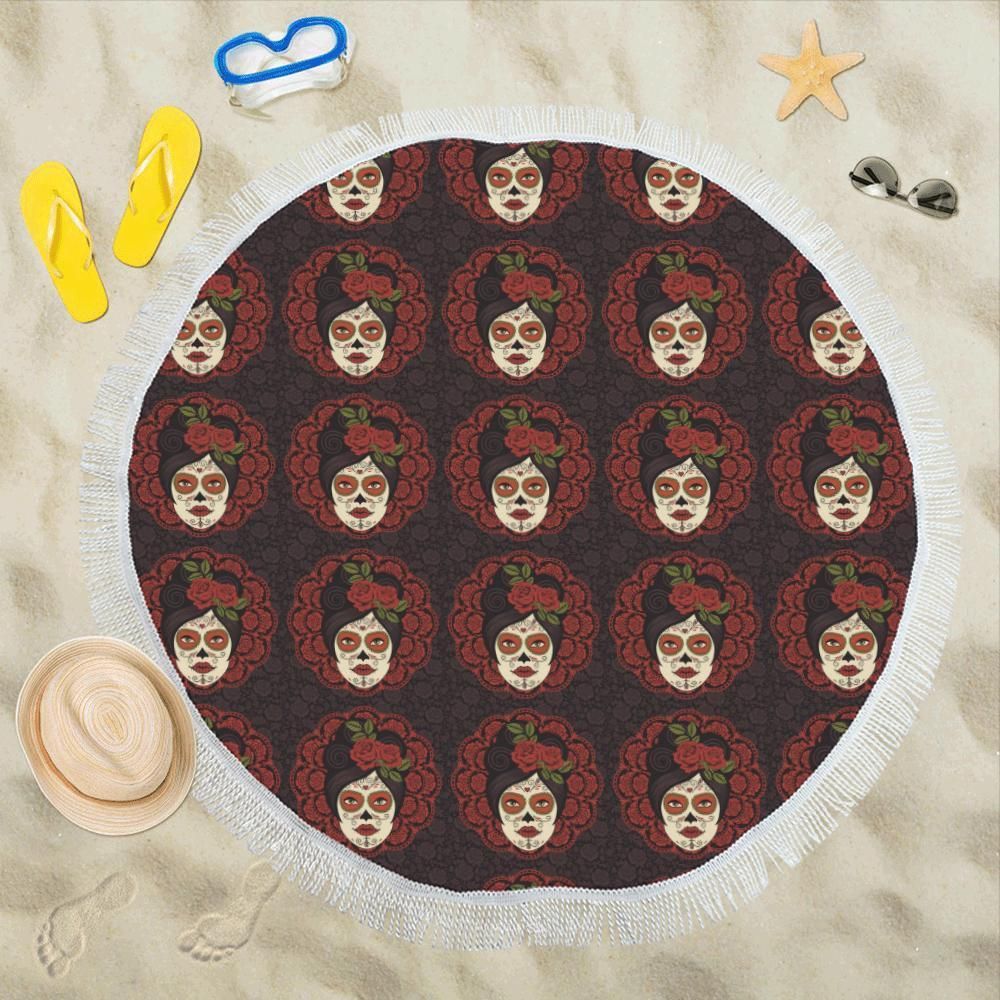 Day Of The Dead Mexican Girl Printed Round Beach Towel