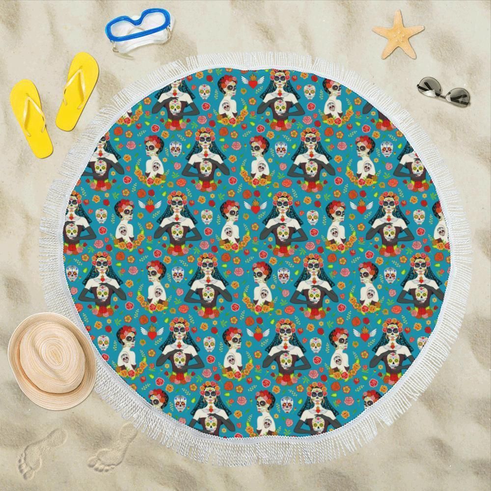 Day Of The Dead Old School Girl Design Pattern Printed Round Beach Towel