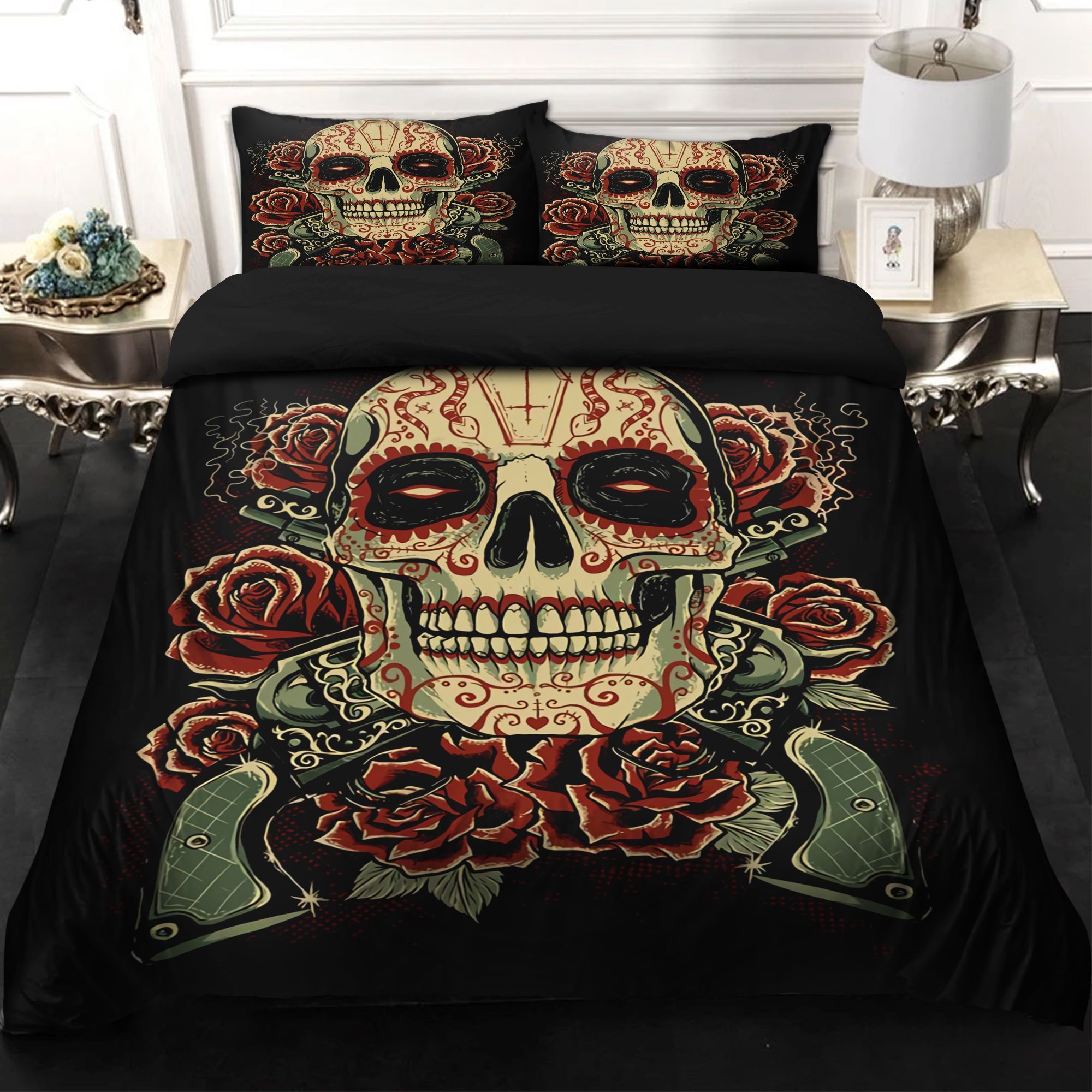 Day Of The Dead Skull And Guns Bedding Set