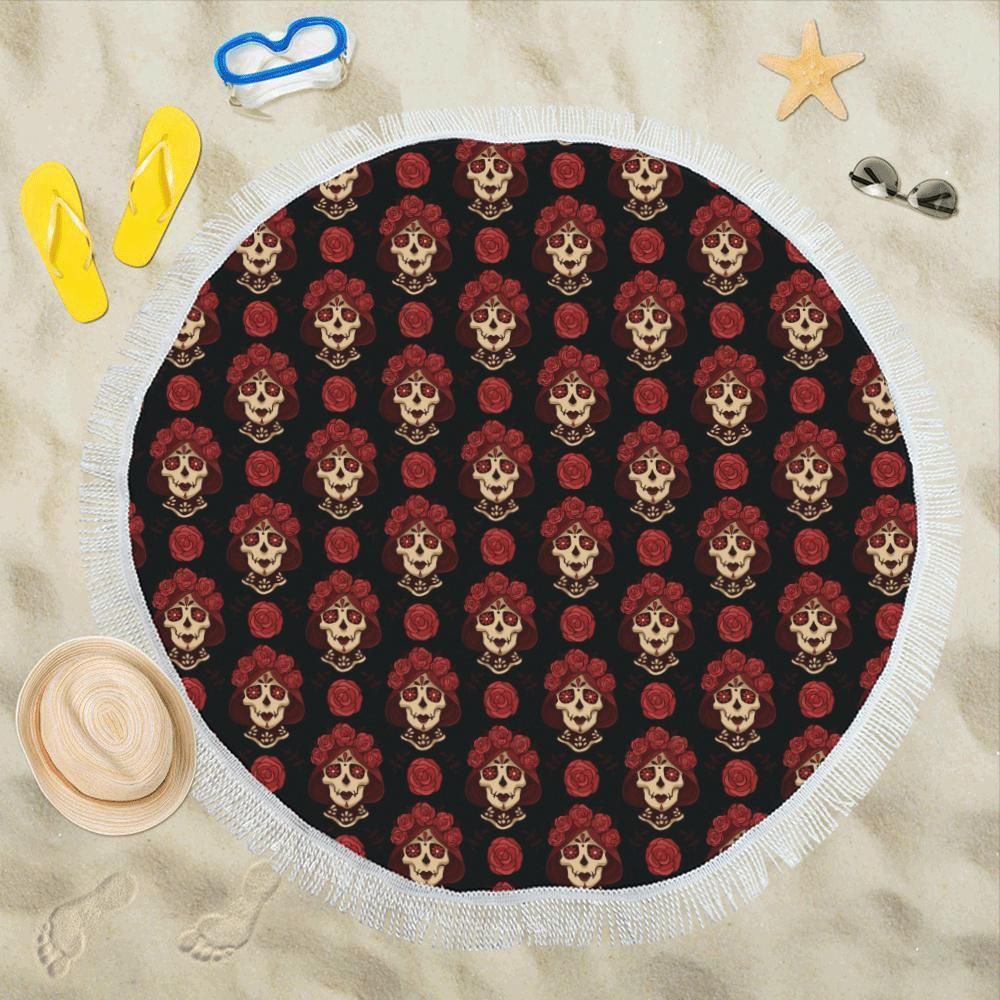 Day Of The Dead Skull Girl Pattern Round Beach Towel