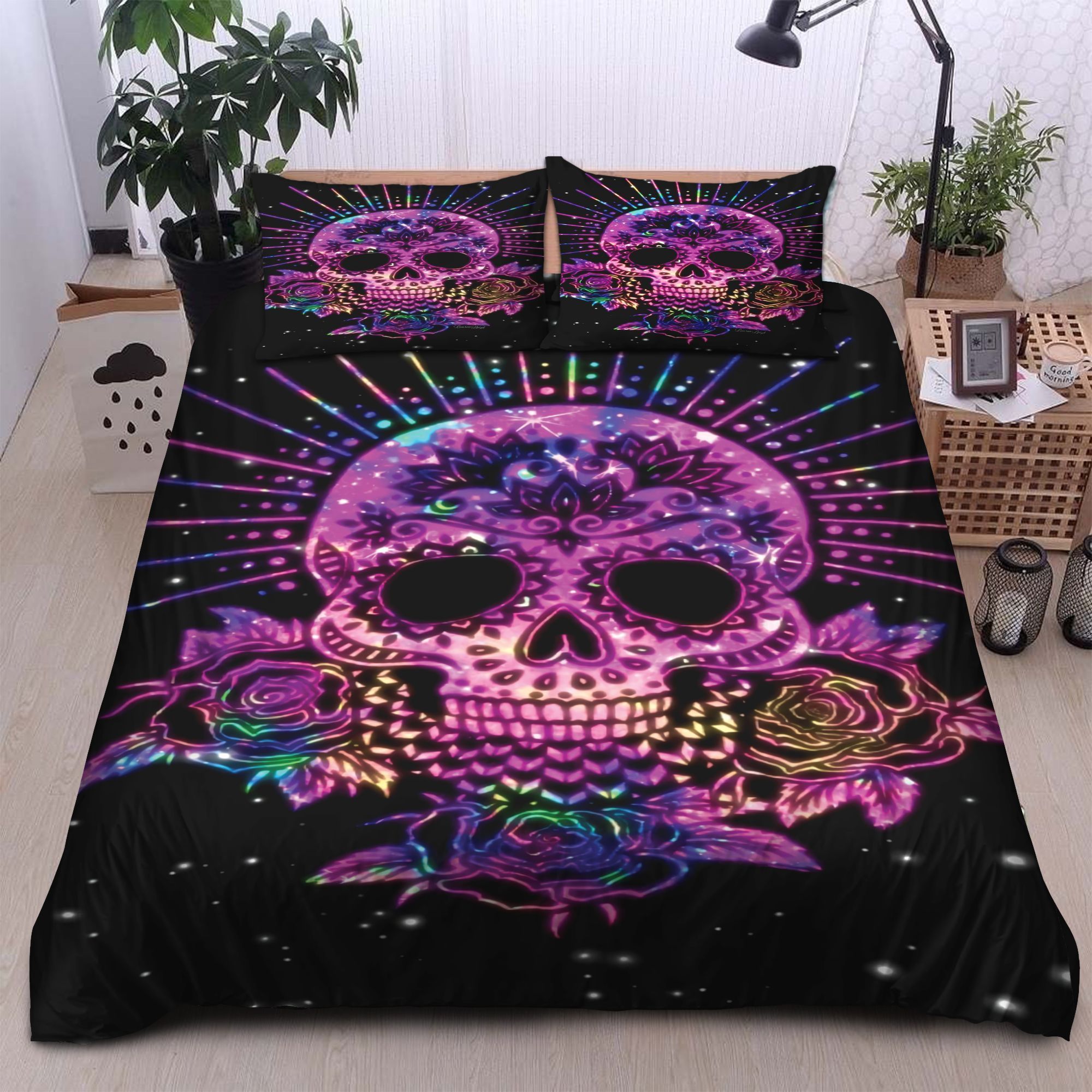 Day Of The Dead Skull Purple Rose Bedding Set