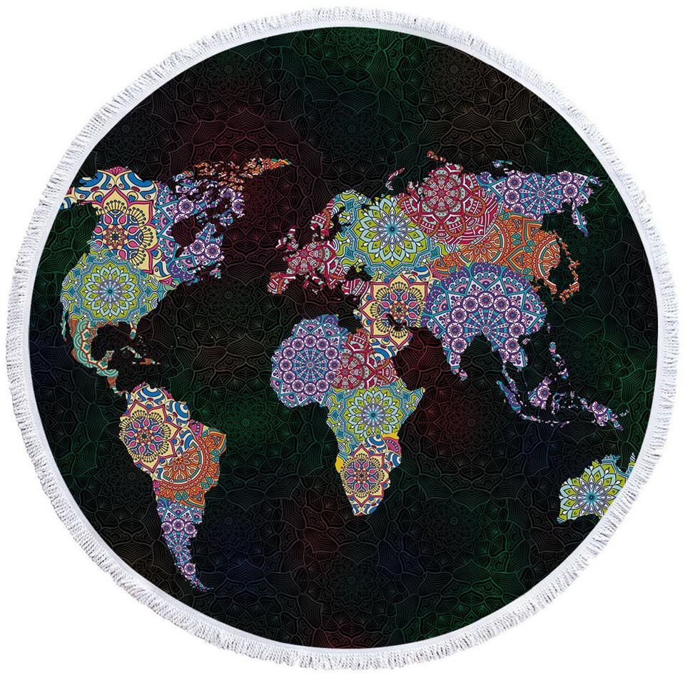 Decorated Continents Map Printed Round Beach Towel