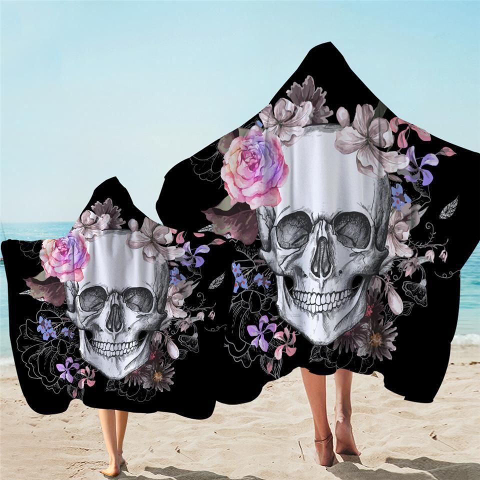 Decorated Skull With Rose Printed Hooded Towel