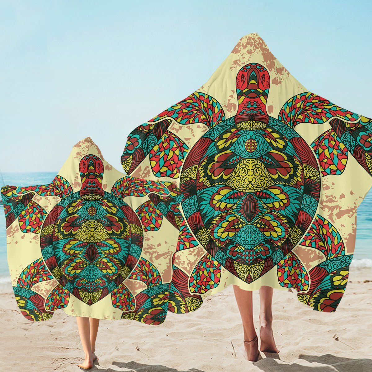 Decorated Turtle Pattern On Tan Printed Hooded Towel