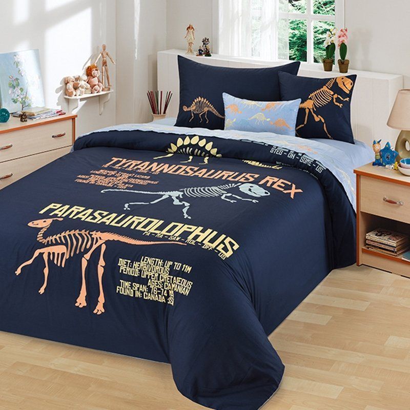 Deep Blue Coral And Yellow Dinosaur Pattern And Monogrammed Cretaceous Animal Hipster Style Bedding Set