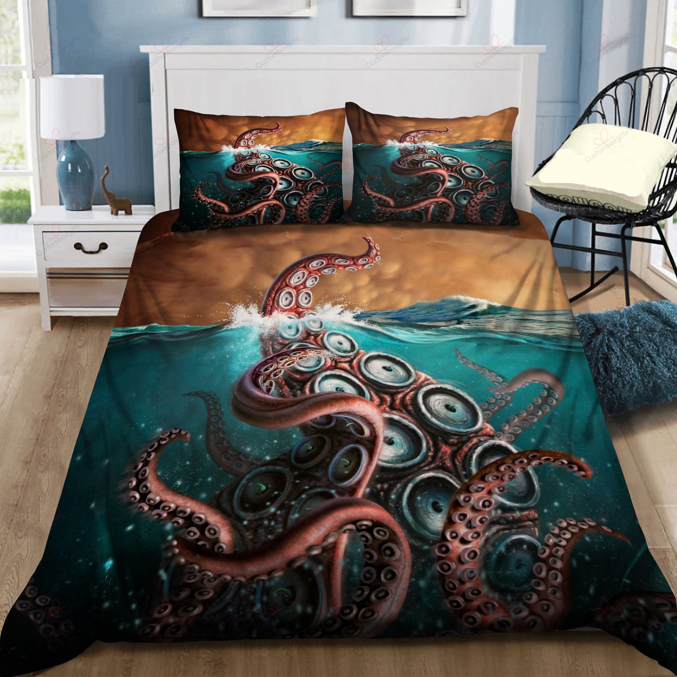 Deep Marine Red Kraken Bedding Set