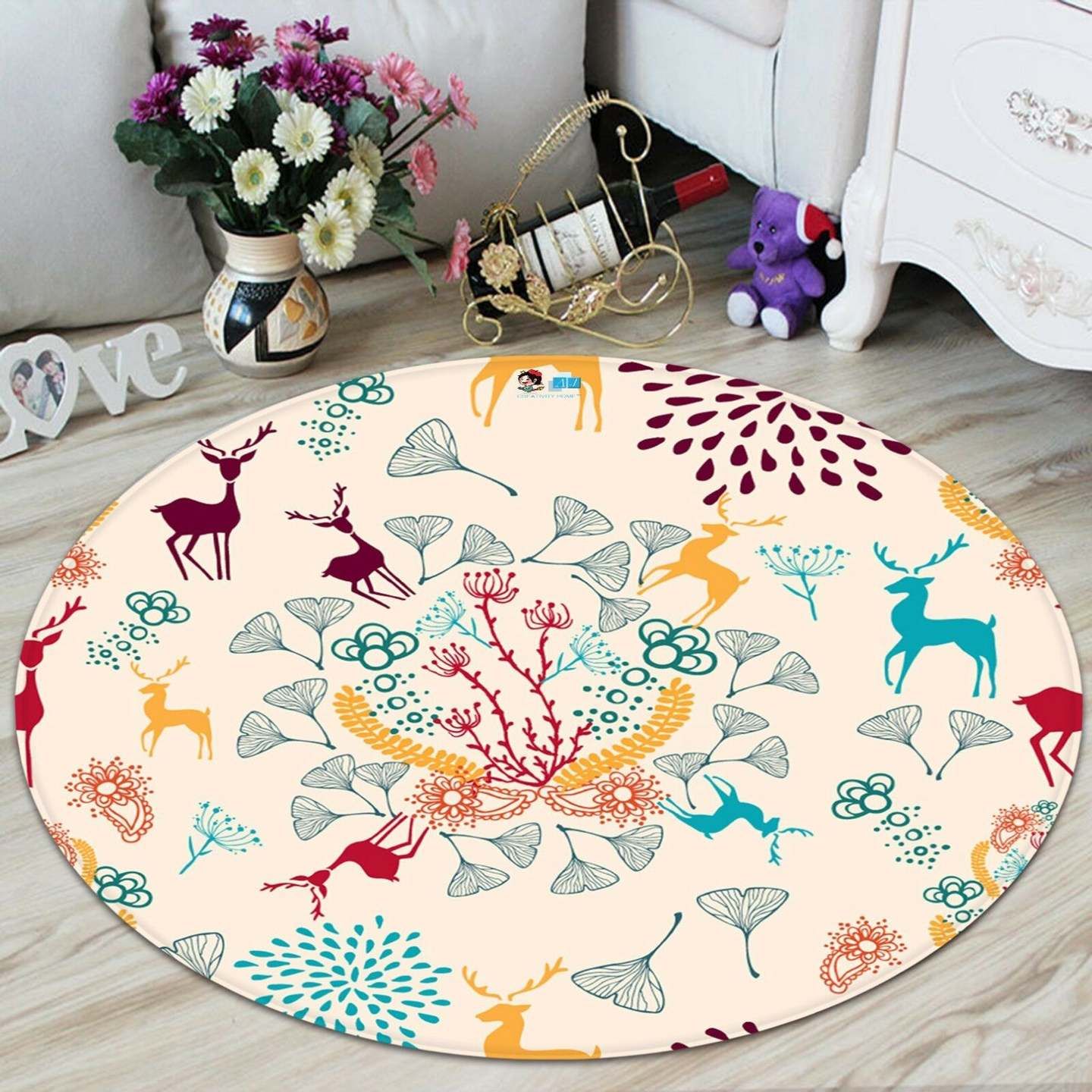 Deer And Flower Round Carpet