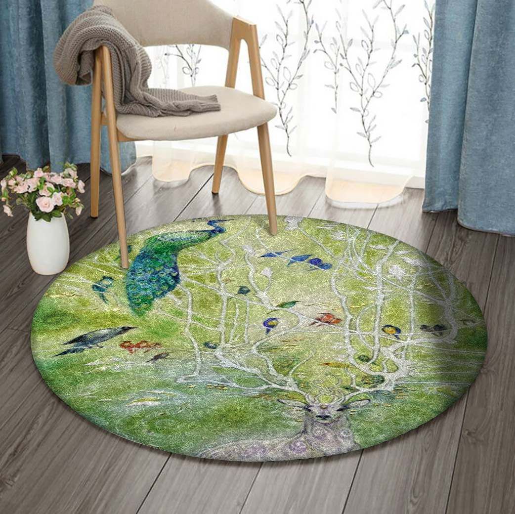 Deer And Peacock Round Carpet