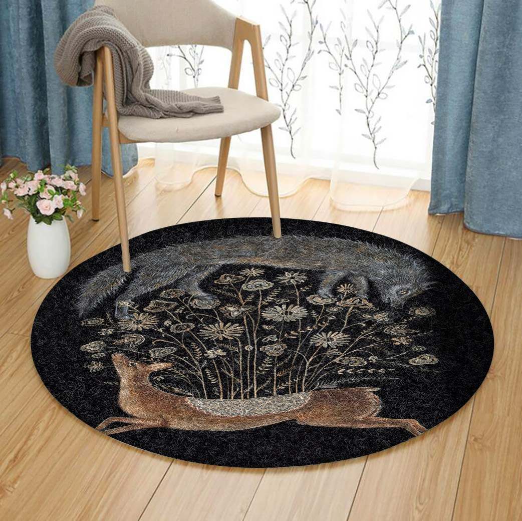 Deer And Wolf Round Carpet
