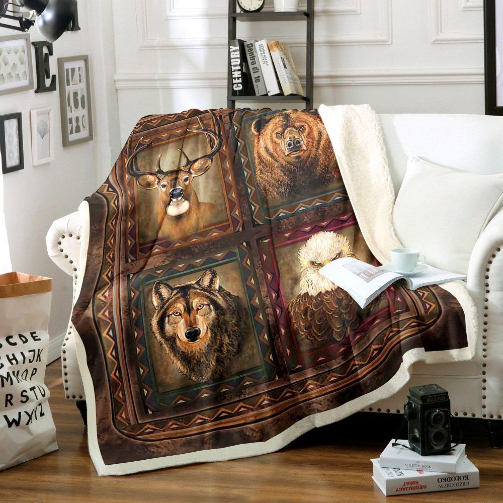 Deer Bear Wolf Eagle Wild America Sherpa Fleece Blanket