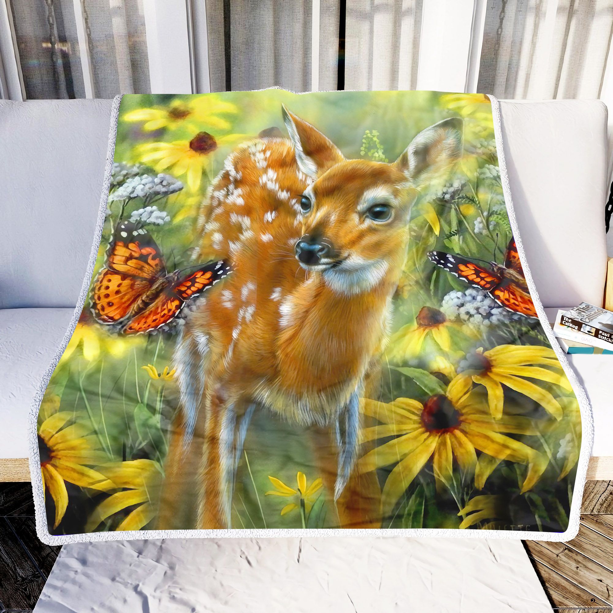 Deer Butterfly Flowers Art Fleece Blanket