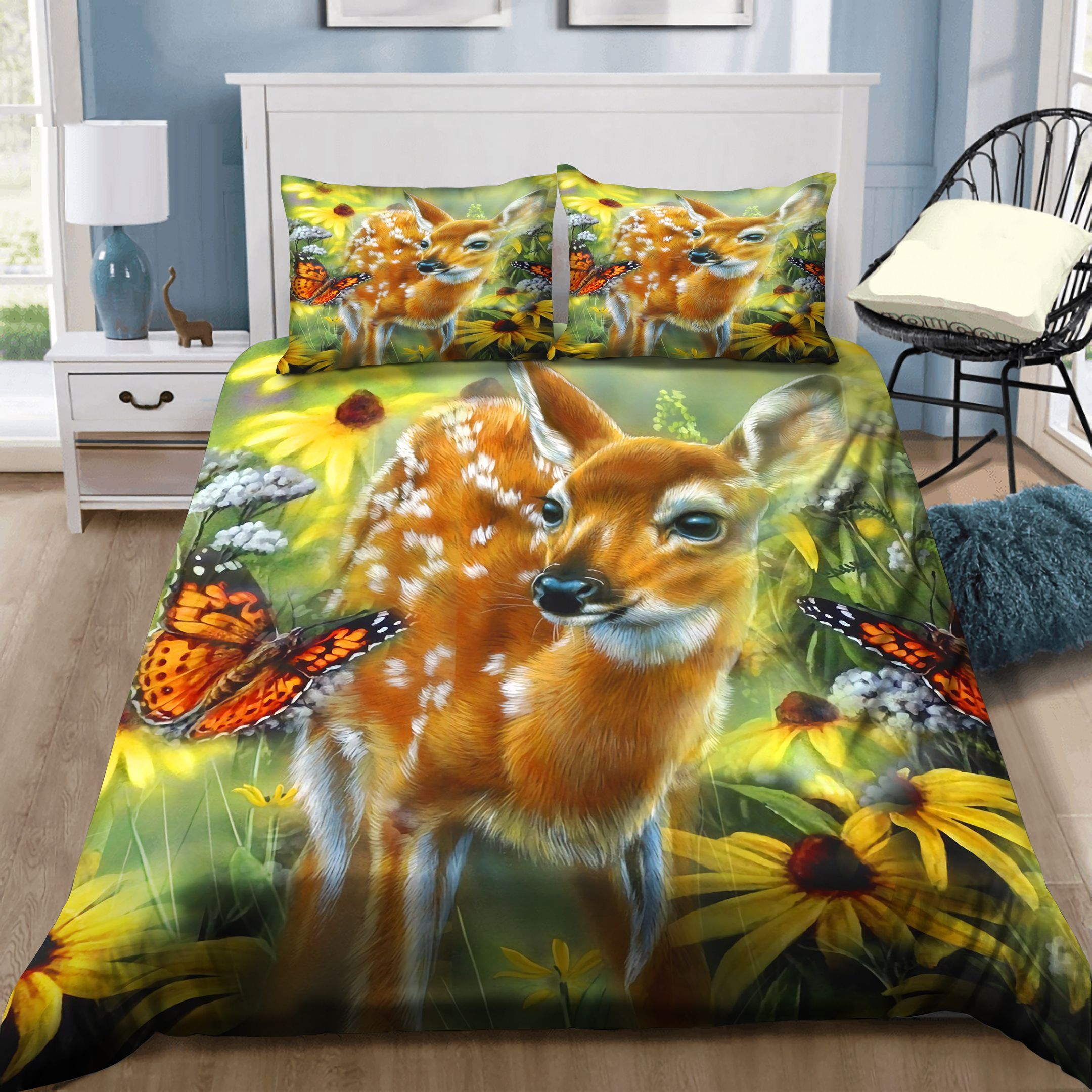 Deer Butterfly Flowers Art Bedding Set
