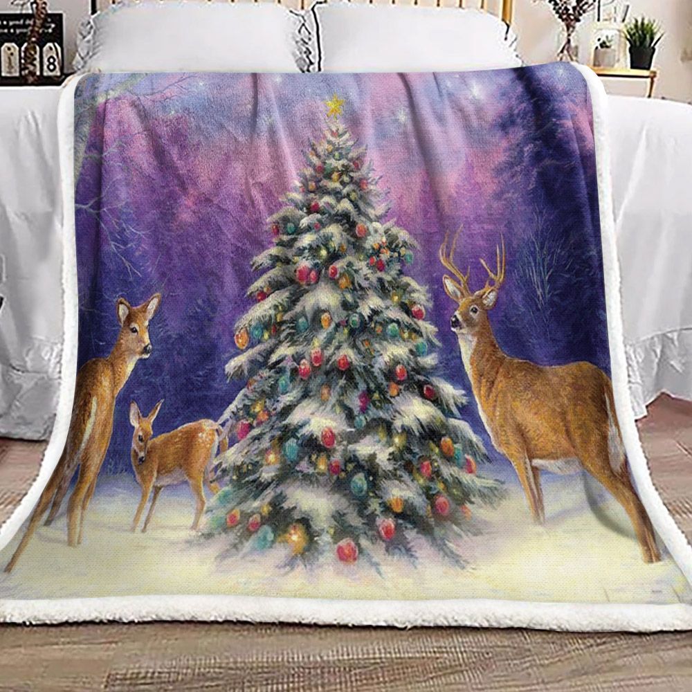 Deer Christmas Tree Sherpa Fleece Blanket