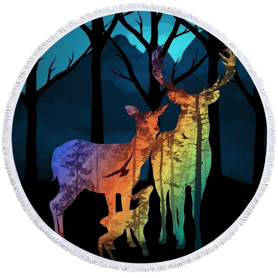 Deer Family Shadow In Dark Forest Printed Round Beach Towel