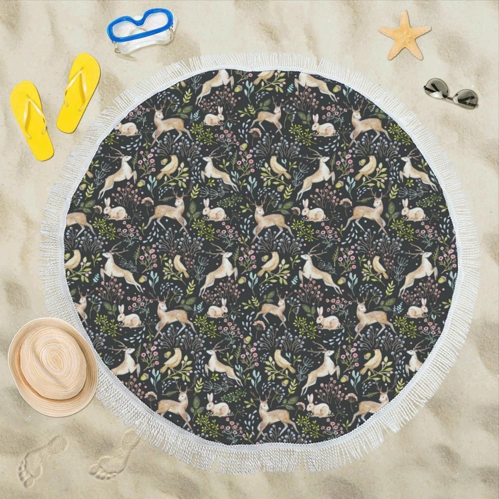 Deer Floral Jungle Pattern Printed Round Beach Towel