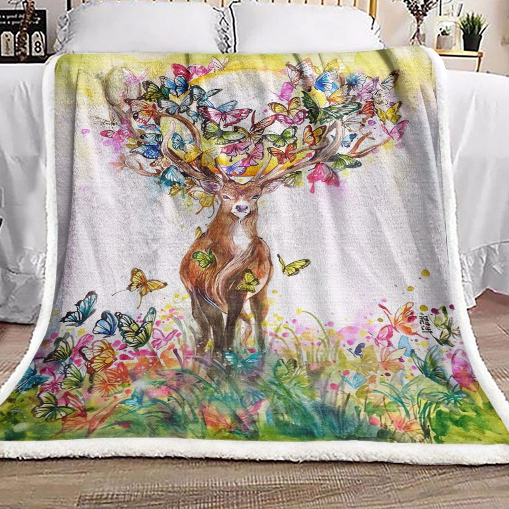 Deer Flower Butterfly Sherpa Fleece Blanket