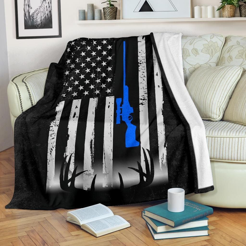 Deer Hunting American Flag Blue Sherpa Fleece Blanket