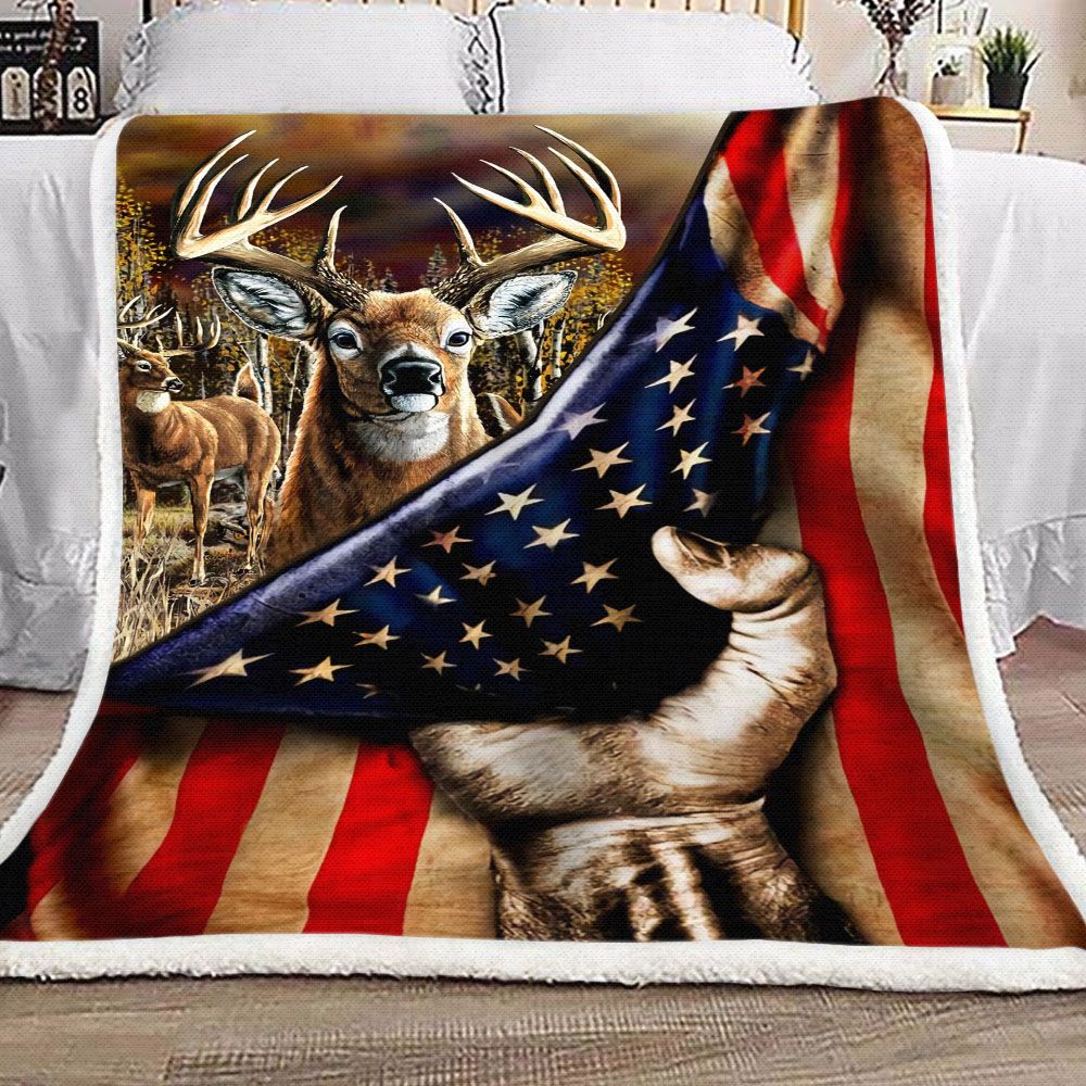 Deer Hunting American Flag Fleece Blanket
